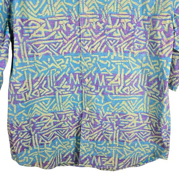 VINTAGE Bugle Boy Shirt Mens XL Blue Purple Abstract Geometric Button Front 90s - Picture 6 of 12